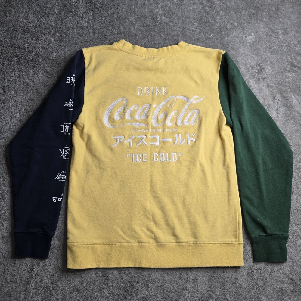 Coca Cola Colorblock Sweater Mens Medium Long Sleeve Yellow Green Navy Blue